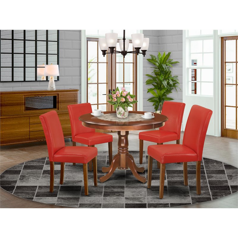 Pemberly Row 5-Piece Dining Table Set with Firebrick Red PU Leather Chairs
