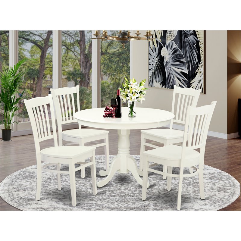 Pemberly Row 5-Piece Round Wood Table and Chair Set in Linen White Finish