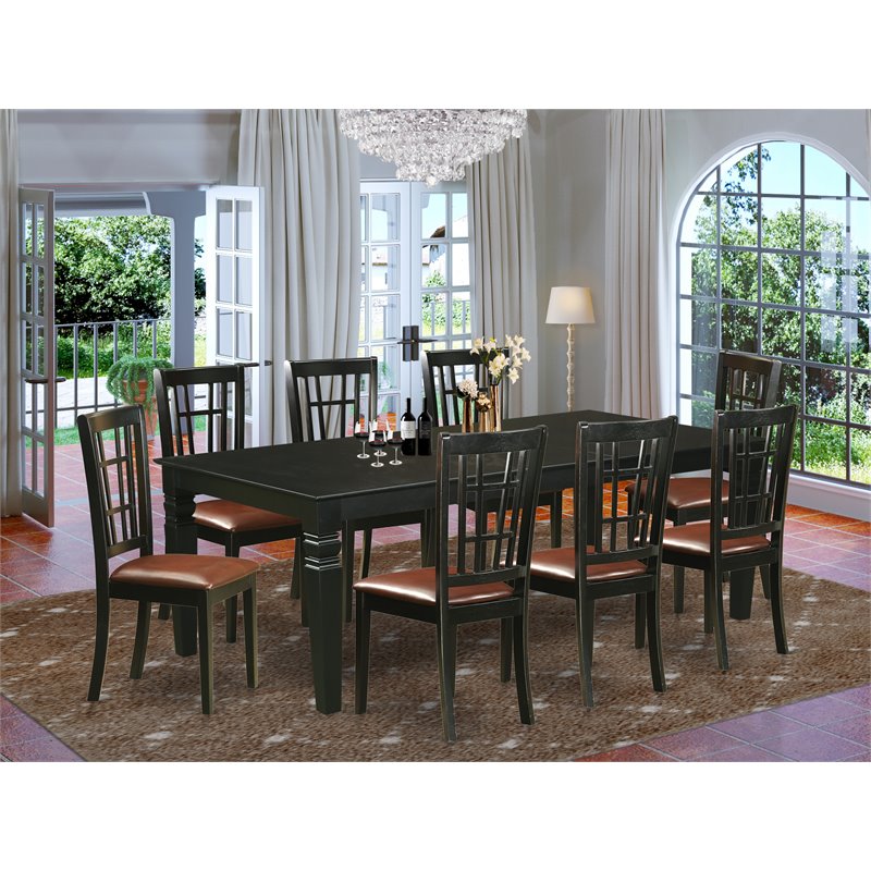 Pemberly Row 9-Piece Wood Dining Set in Black with Faux Leather Chairs