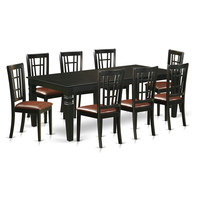 Pemberly Row 9-Piece Wood Dining Set in Black with Faux Leather Chairs