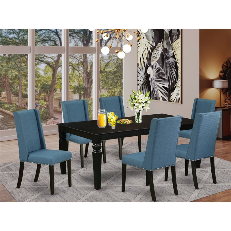 Pemberly Row 7-Piece Black Wood Dining Set with Mineral Blue Chairs