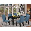 Pemberly Row 7-Piece Black Wood Dining Set with Mineral Blue Chairs