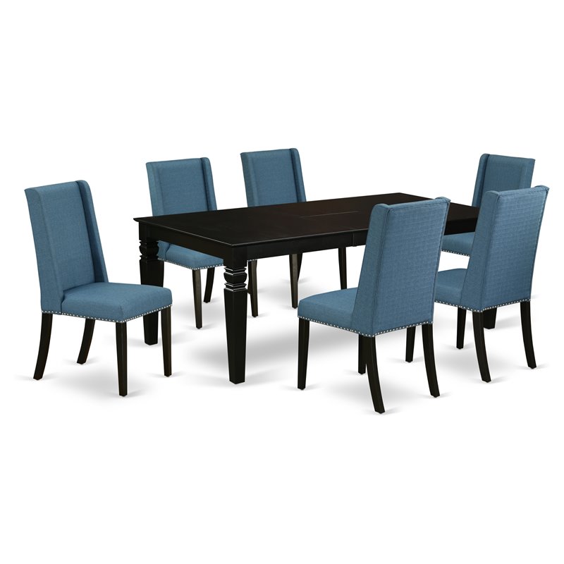 Pemberly Row 7-Piece Black Wood Dining Set with Mineral Blue Chairs