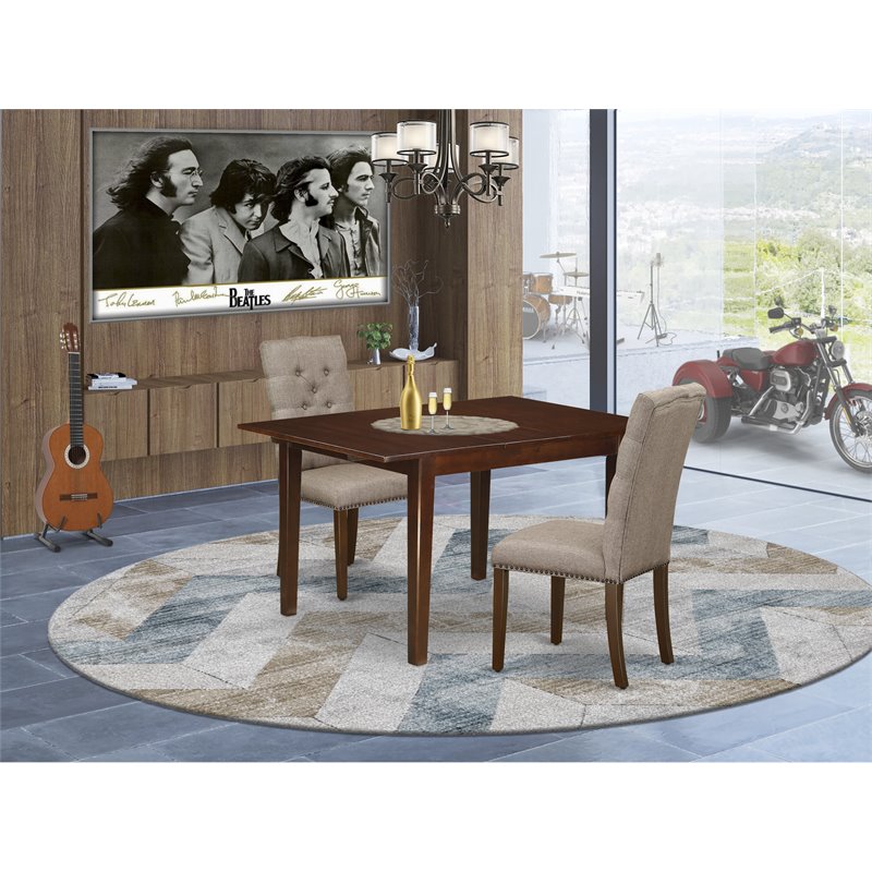 Pemberly Row 3-Piece Wood Dining Set in Mahogany with Dark Khaki Chairs