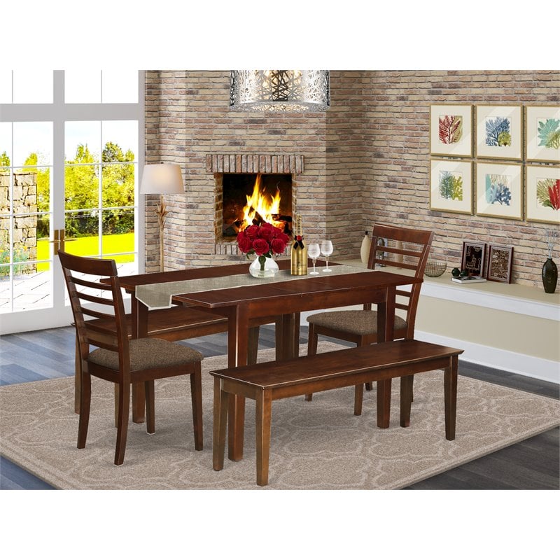 Pemberly Row 5-Piece Wood Dining Set with 2 Benches in Mahogany Finish