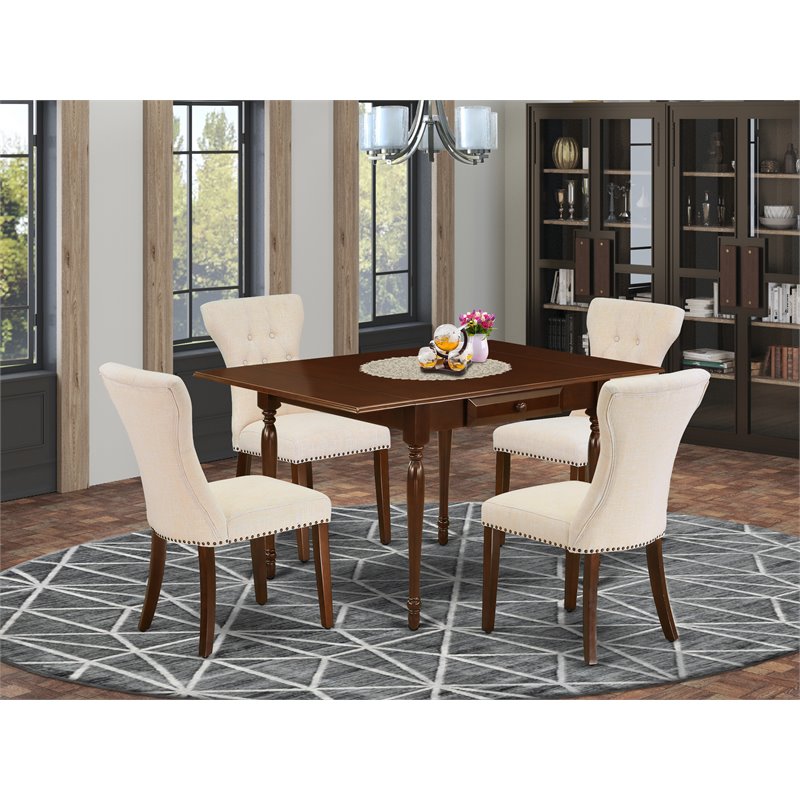 Pemberly Row 5-Piece Wood Dining Set with Mahogany Finish and Beige Chairs