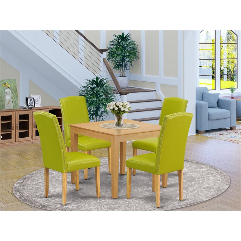 Pemberly Row 5-Piece Dining Set with Parson Chairs in Oak and Autumn Green