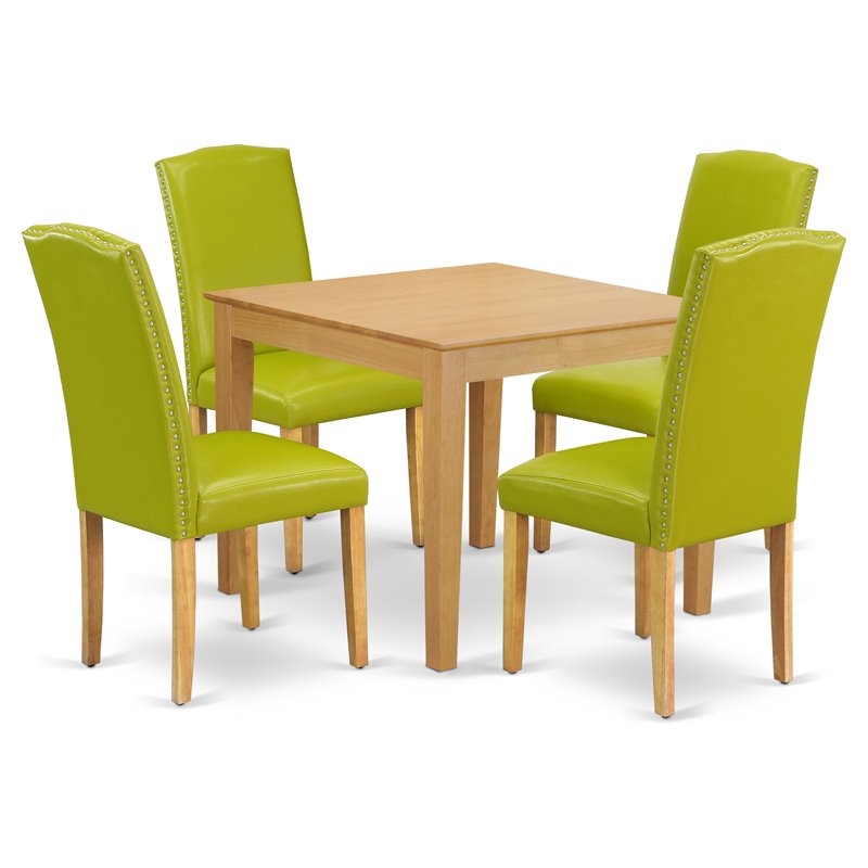 Pemberly Row 5-Piece Dining Set with Parson Chairs in Oak and Autumn Green