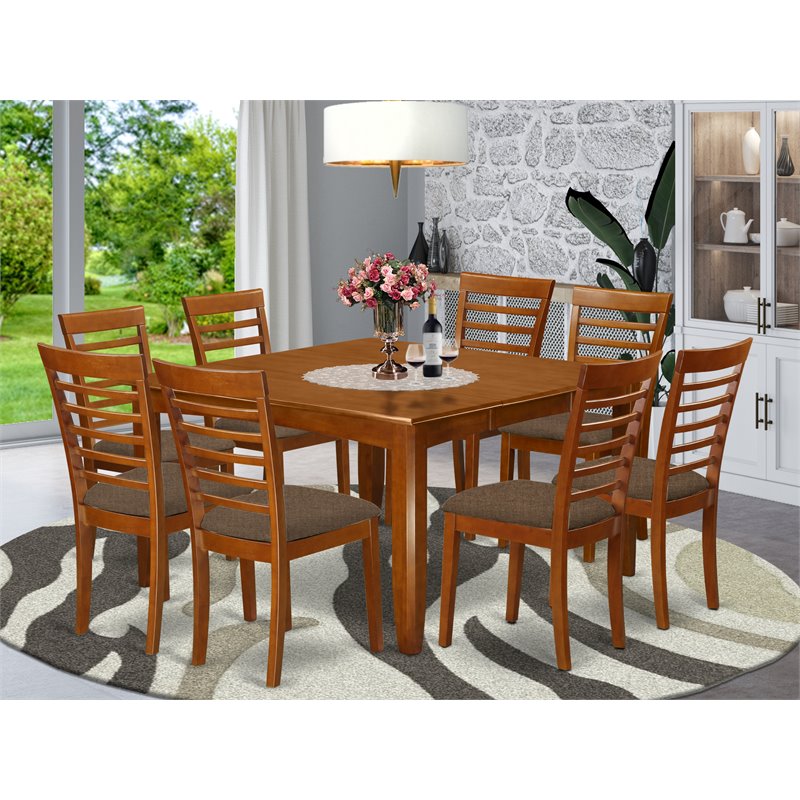 Pemberly Row 9-Piece Wood Dining Set with Fabric Seats in Saddle Brown
