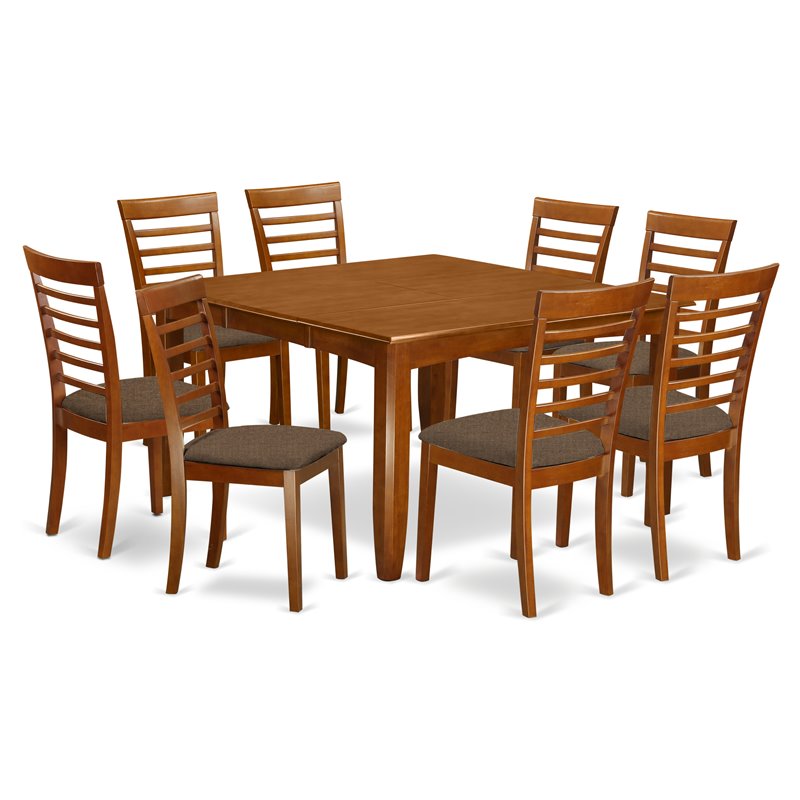 Pemberly Row 9-Piece Wood Dining Set with Fabric Seats in Saddle Brown