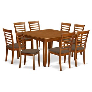 Pemberly Row 9-Piece Wood Dining Set with Fabric Seats in Saddle Brown