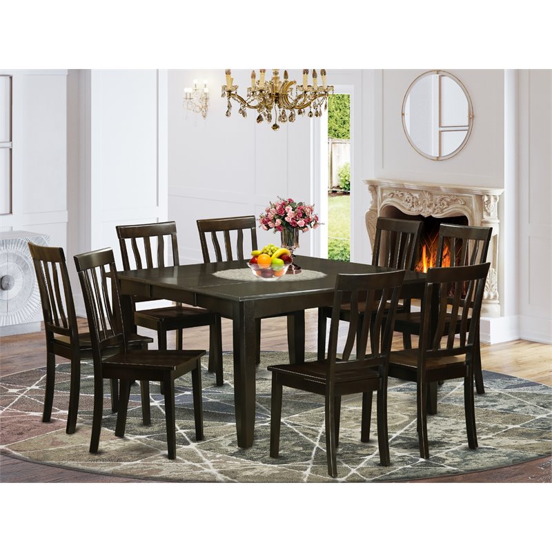 Pemberly Row 9-Piece Rubberwood Dining Set with 18 in Leaf in Cappuccino