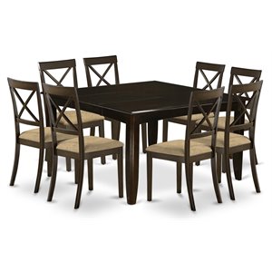 Pemberly Row 9-Piece Asian Wood Dining Set with Linen Stools in Cappuccino