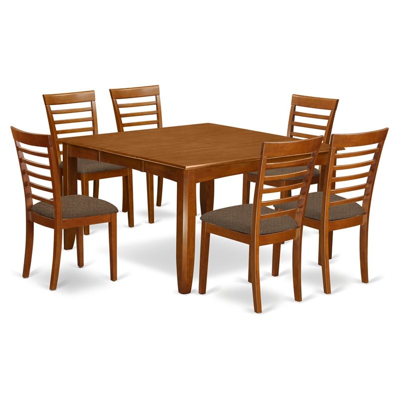 Pemberly Row 7-Piece Dining Set with Fabric Chairs in Saddle Brown