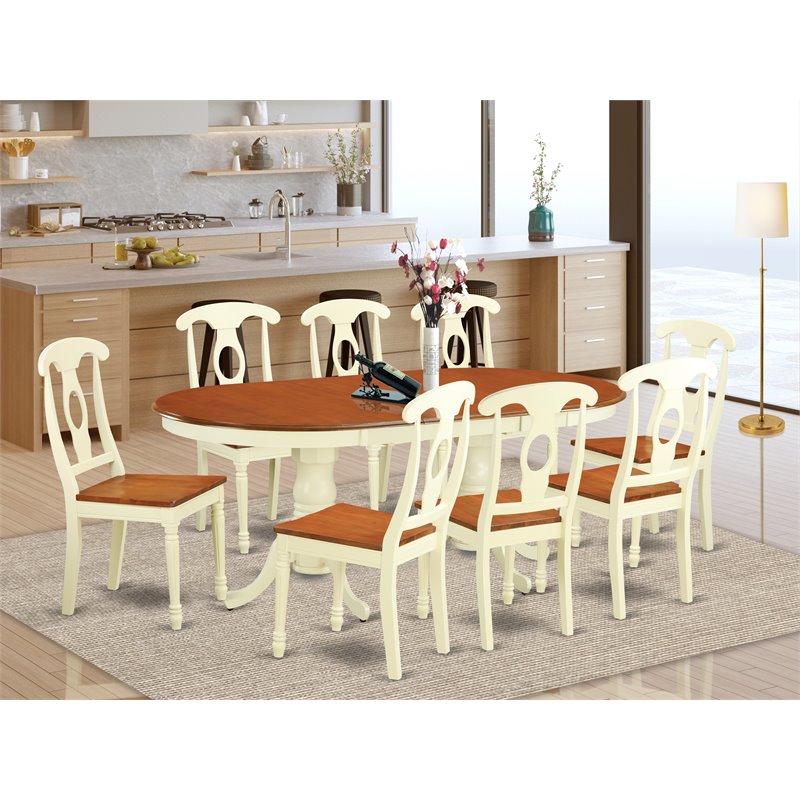 Pemberly Row 9-Piece Dining Set with Wood Chairs in Buttermilk & Cherry
