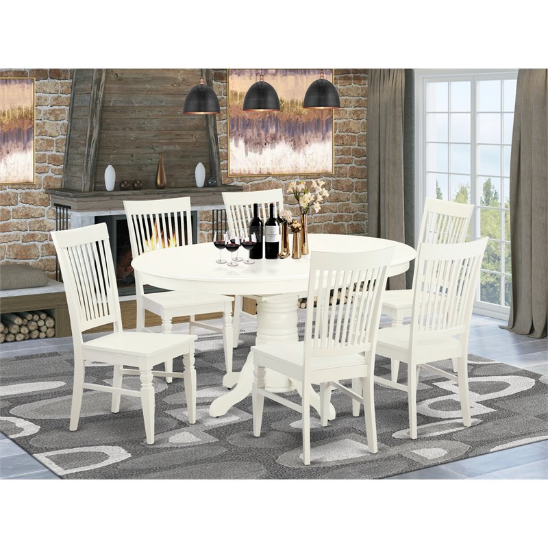 Pemberly Row 7-Piece Dining Table Set in Linen White with Pedestal Base