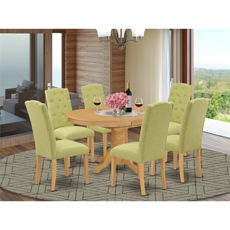 Pemberly Row 7-Piece Wood Dining Set with Lime Green Upholstery in Oak