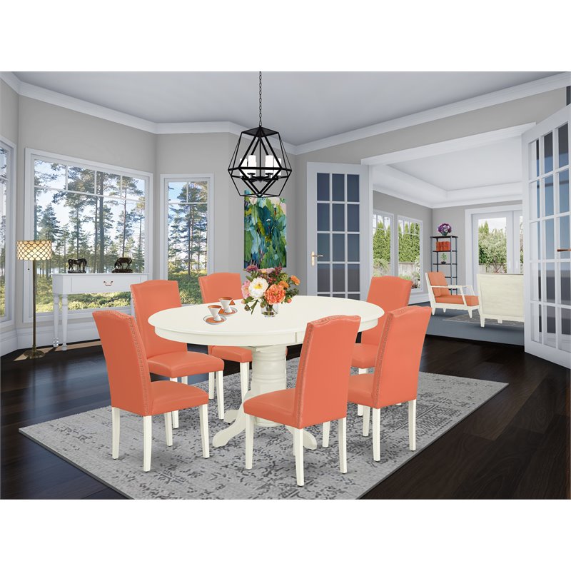 Pemberly Row 7-Piece Oval Dinette Set in Linen White and Pink Flamingo