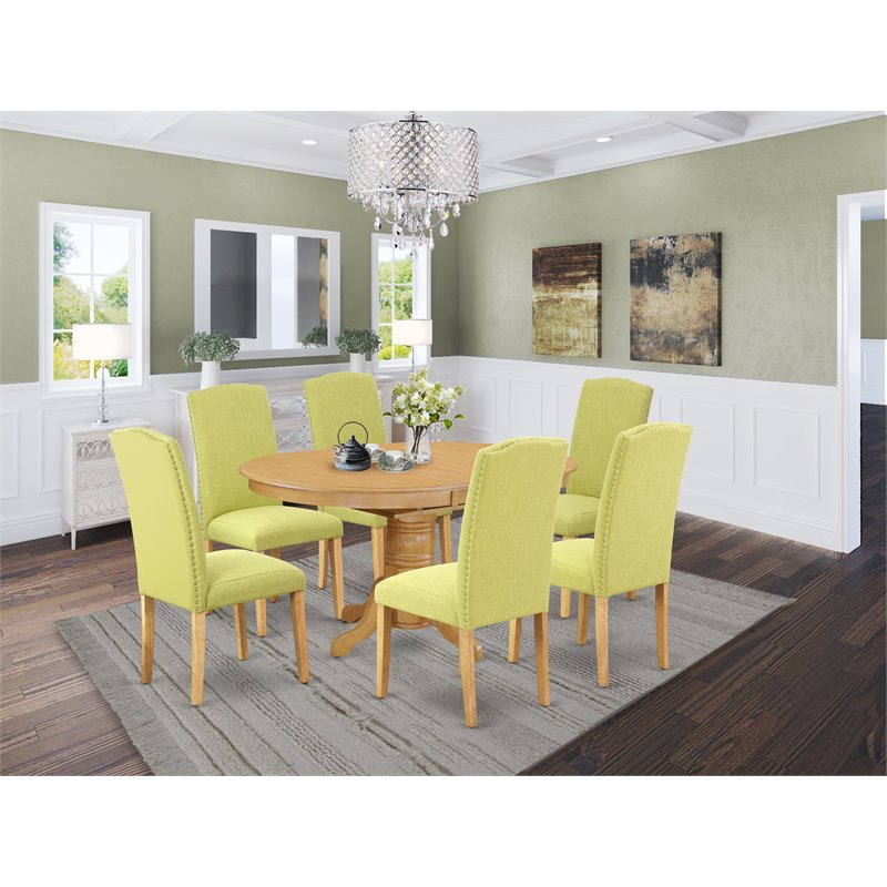 Pemberly Row 7-Piece Wood Dining Set with Parson Chairs in Oak/Limelight