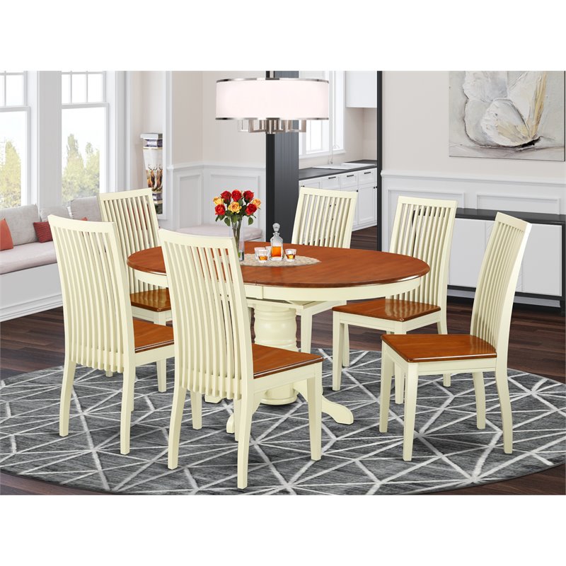 Pemberly Row 7-Piece Dining Set with Wood Seats in Buttermilk and Cherry