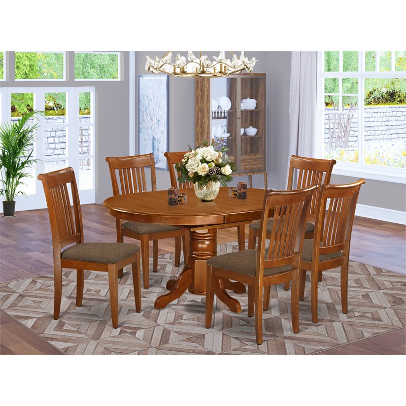 Pemberly Row 7-Piece Pedestal Dining Set with Linen Seats in Saddle Brown
