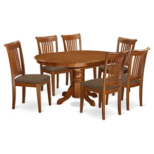 Pemberly Row 7-Piece Pedestal Dining Set with Linen Seats in Saddle Brown