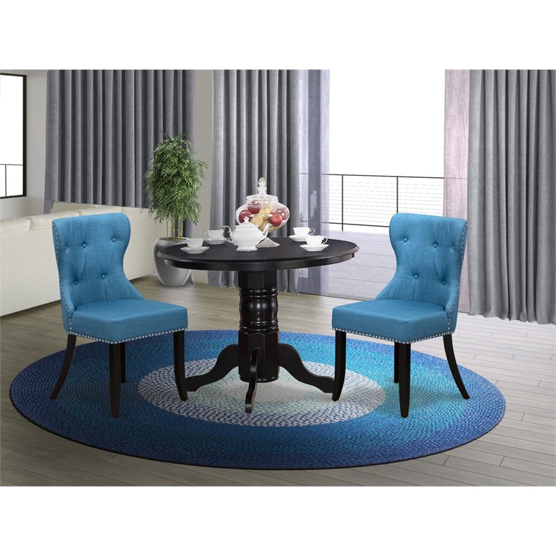 Pemberly Row 3-Piece Black Wood Dining Set with Mineral Blue Upholstery