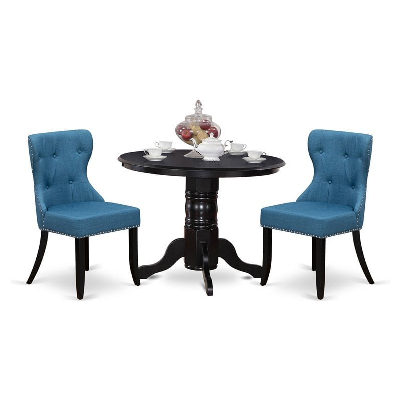 Pemberly Row 3-Piece Black Wood Dining Set with Mineral Blue Upholstery