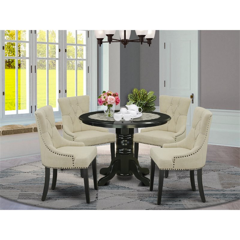 Pemberly Row 5-Piece Dining Set with Linen Upholstery in Black/Light Beige