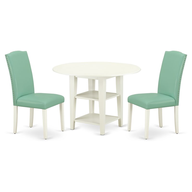 Pemberly Row 3-Piece Drop Leaf Dining Set with Shelf in Linen White/Pond