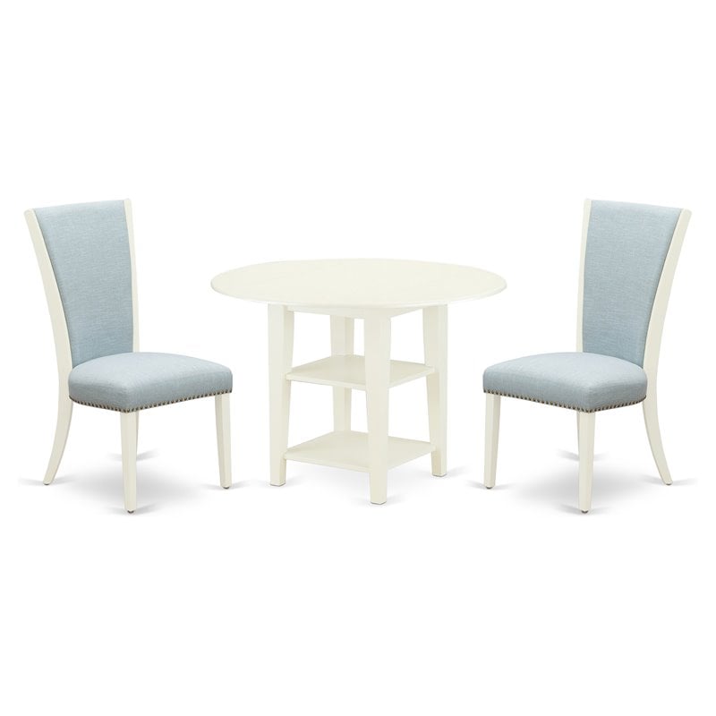 Pemberly Row 3-Piece Wood Drop Leaf Dining Set in Linen White/Baby Blue