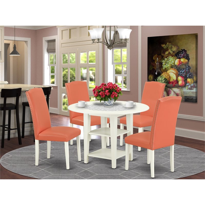 Pemberly Row 5-Piece Wood Dining Set in Linen White and Pink Flamingo