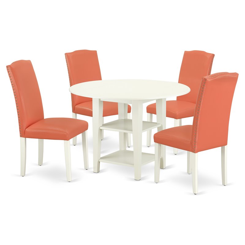 Pemberly Row 5-Piece Wood Dining Set in Linen White and Pink Flamingo