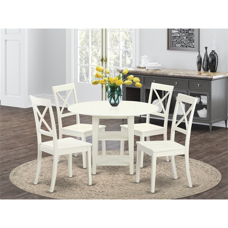 Pemberly Row 5-Piece Round Wood Dining Set in Linen White Finish