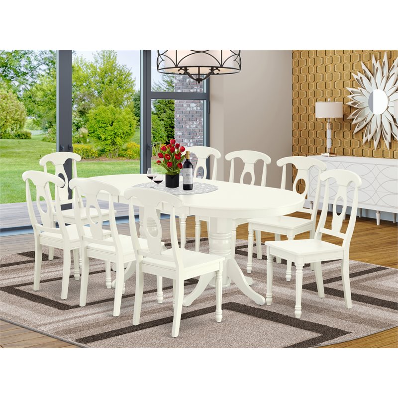 Pemberly Row 9-Piece Oval Dining Set with Wooden Chairs in Linen White
