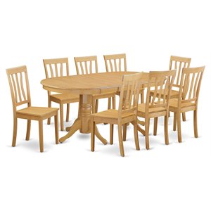 Pemberly Row 9-Piece Oak Wood Kitchen Table Set with Double Pedestal Base