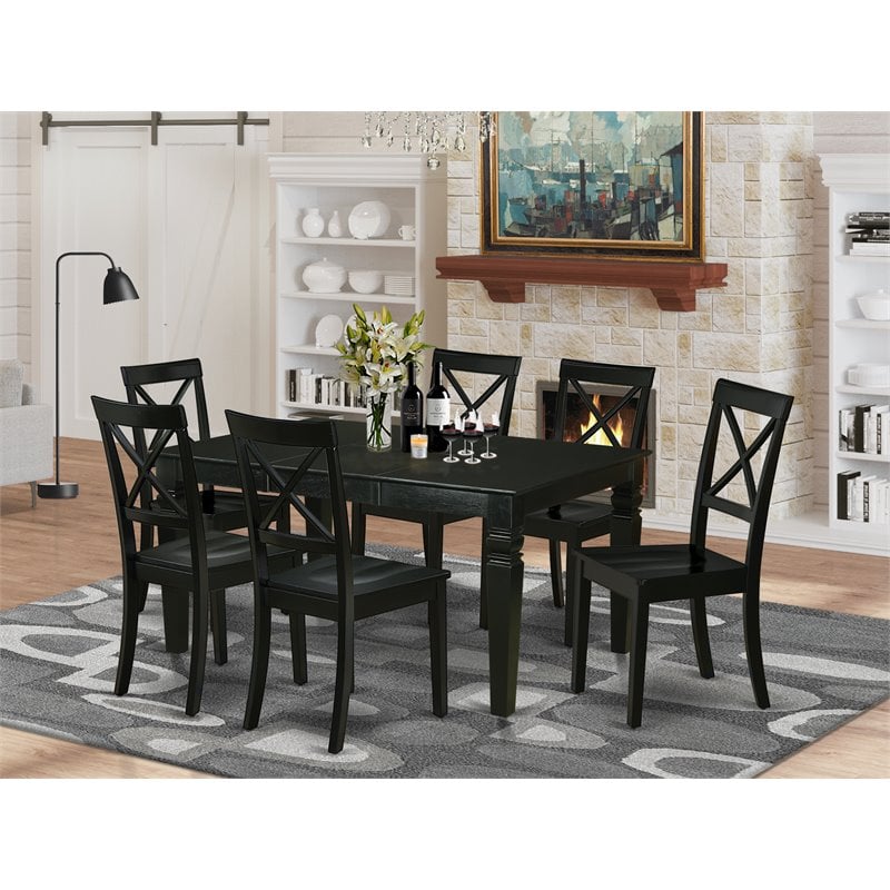 Pemberly Row 7-Piece Wood Kitchen Set with Wooden Chairs in Black