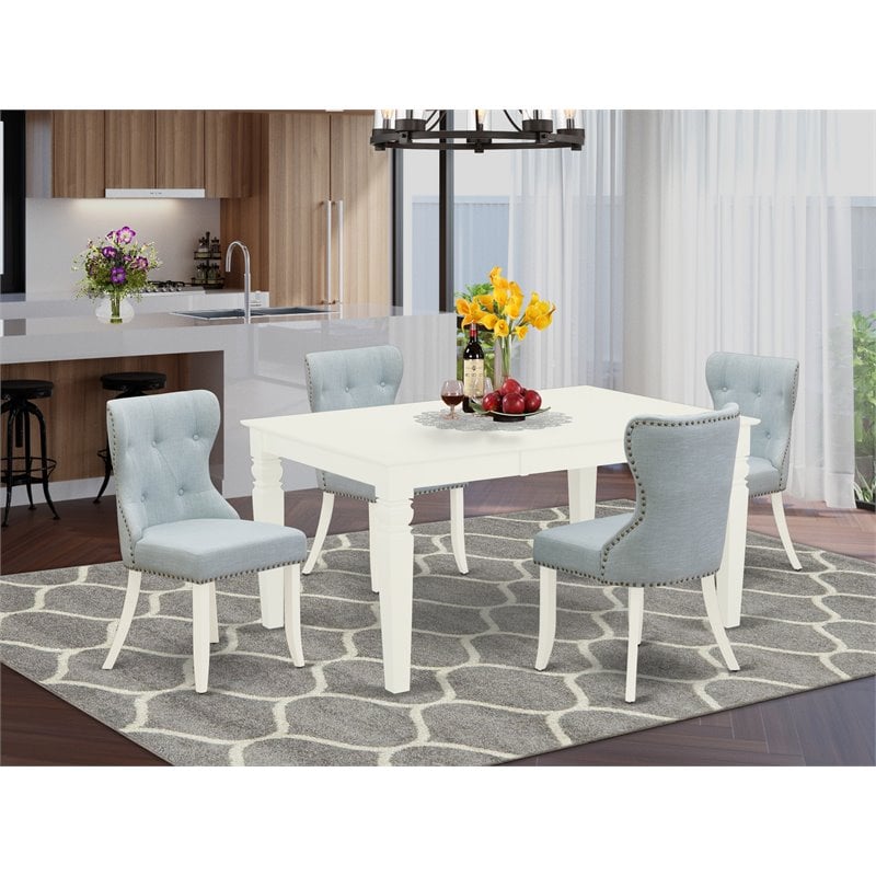 Pemberly Row 5-Piece Dining Set with Linen and Wood in Baby Blue & White