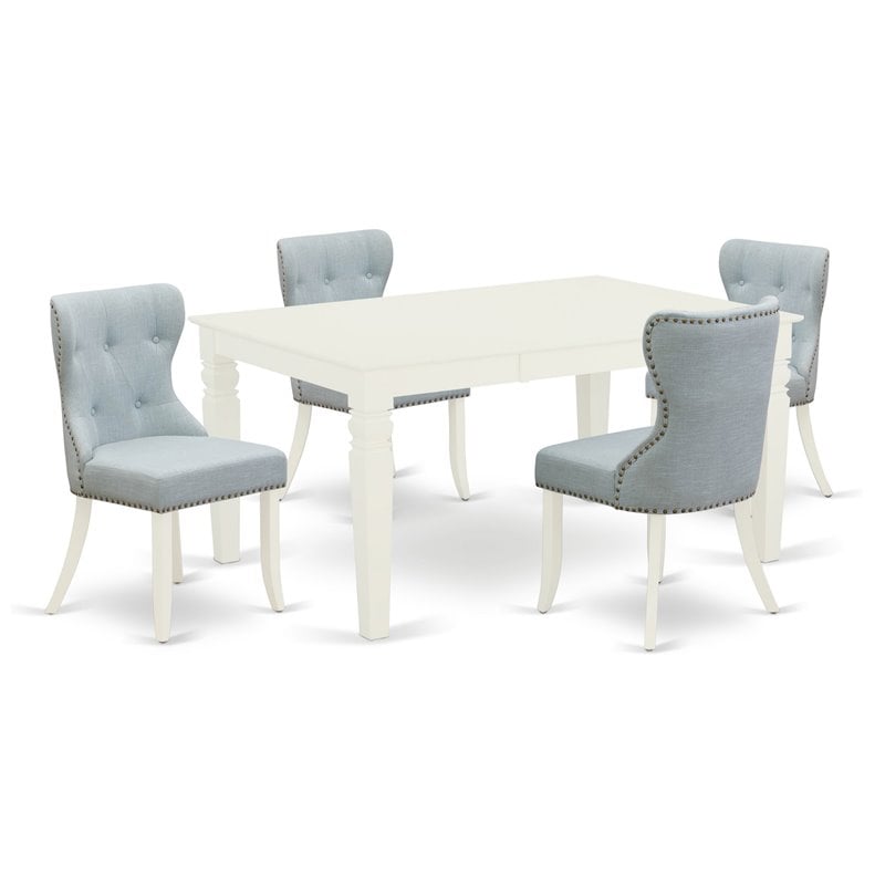 Pemberly Row 5-Piece Dining Set with Linen and Wood in Baby Blue & White