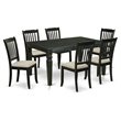 Pemberly Row 7-Piece Wood Dining Set with Black Finish and Linen Chairs