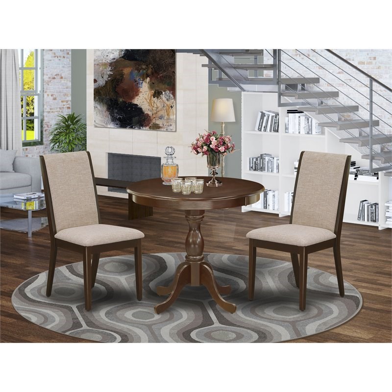 pemberly row 3-piece wood dining set in mahogany with light tan fabric