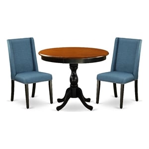 Pemberly Row 3-Piece Dining Set with Cherry Round Table and Linen Chairs