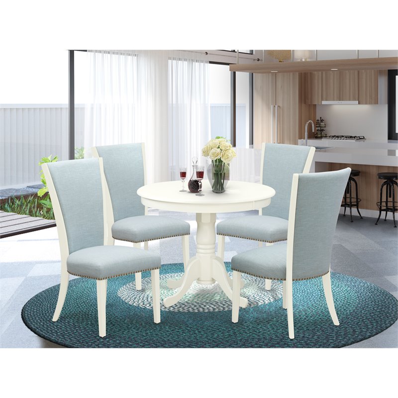 Pemberly Row 5-Piece Round Dining Wood Table Set Linen White & Baby Blue