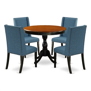 Pemberly Row 5-Piece Dining Table and Blue Chairs Set in Black & Cherry