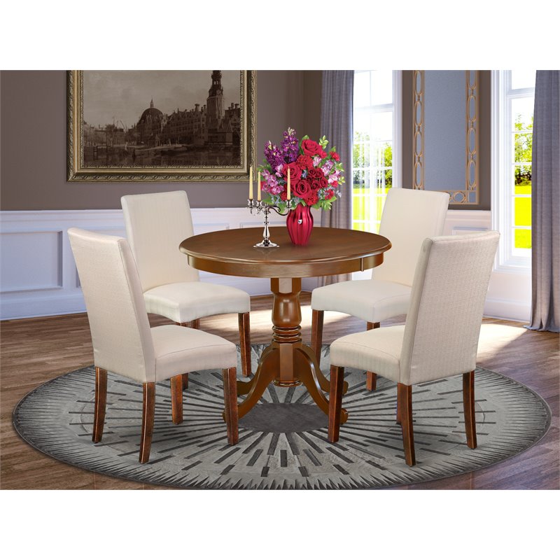 Pemberly Row 5-Piece Wood Dinette Set in Mahogany and Cream Linen