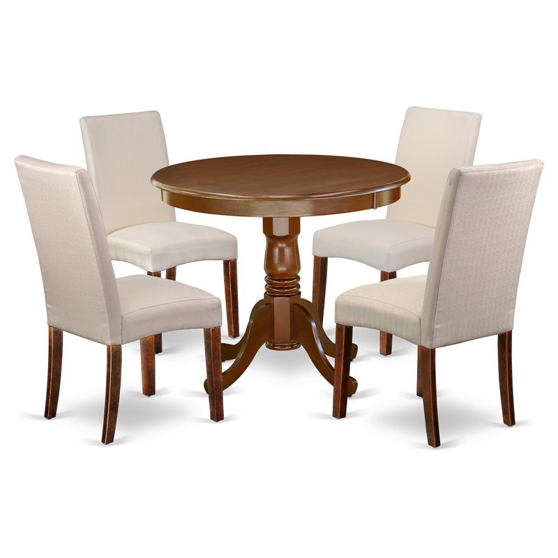 Pemberly Row 5-Piece Wood Dinette Set in Mahogany and Cream Linen