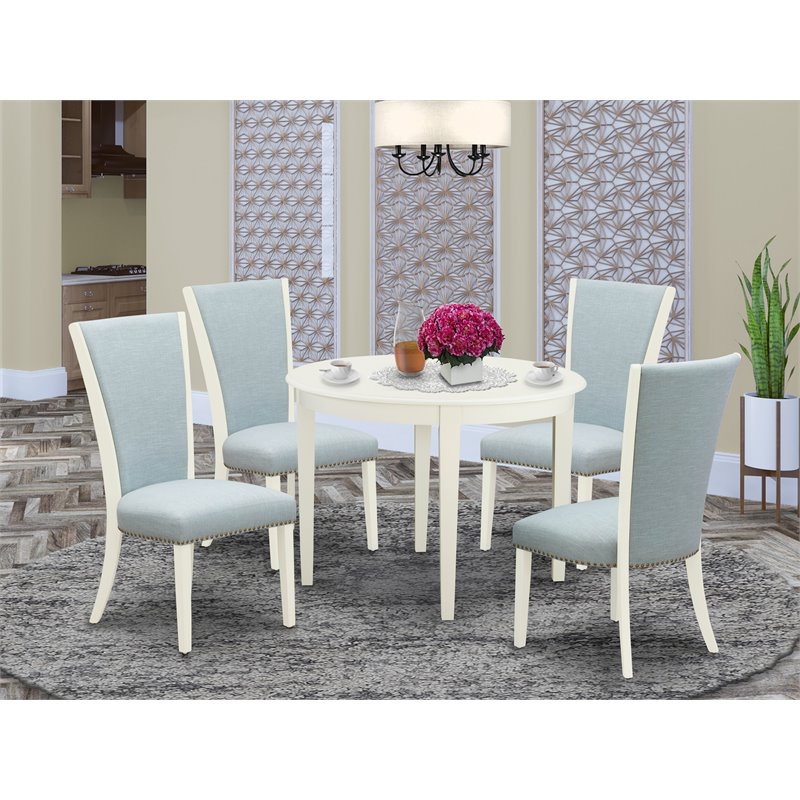 Pemberly Row 5-Piece Wood Dining Set in Linen White with Baby Blue Seats