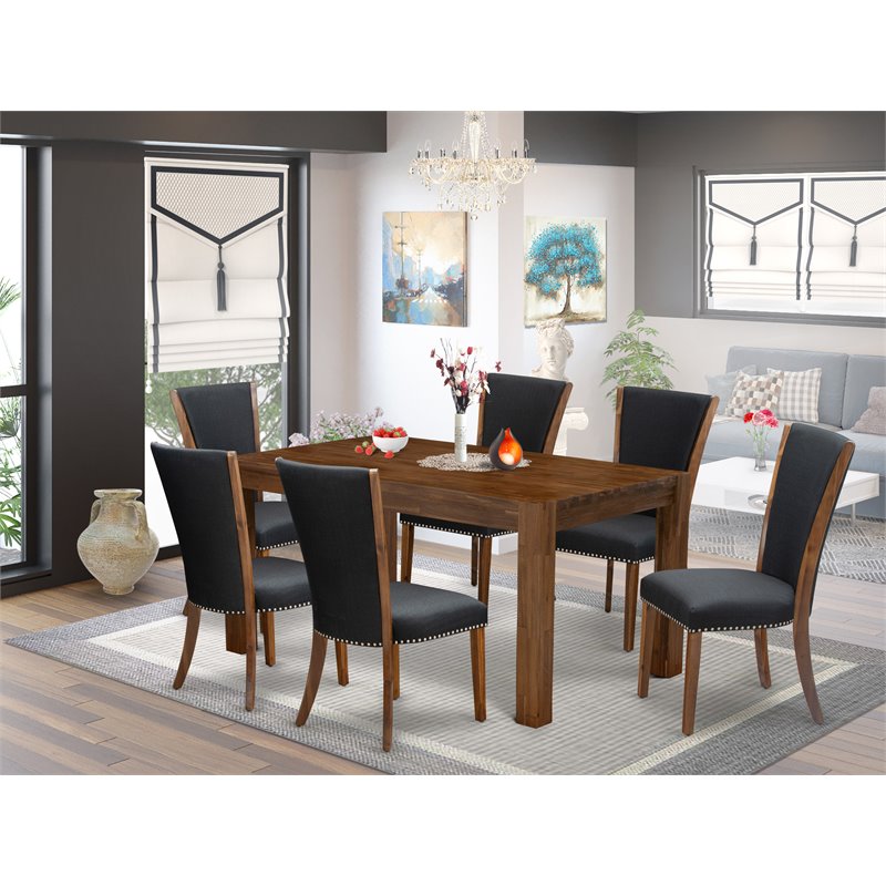 Pemberly Row 7-Piece Wood Dining Set in Natural Black Finish with Chairs