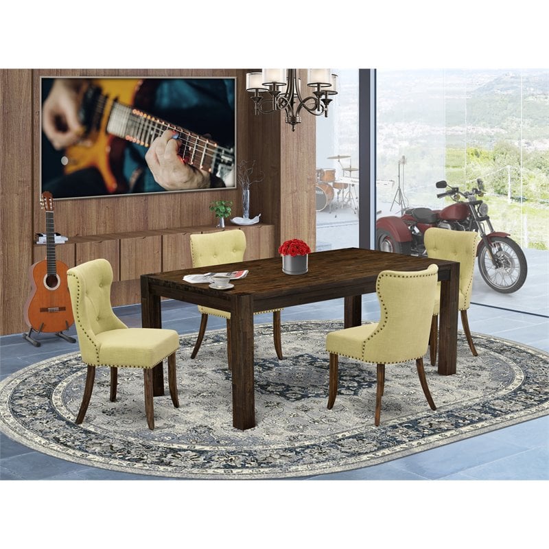 Pemberly Row 5-Piece Wood Dining Set in Jacobean Brown with Linen Chairs