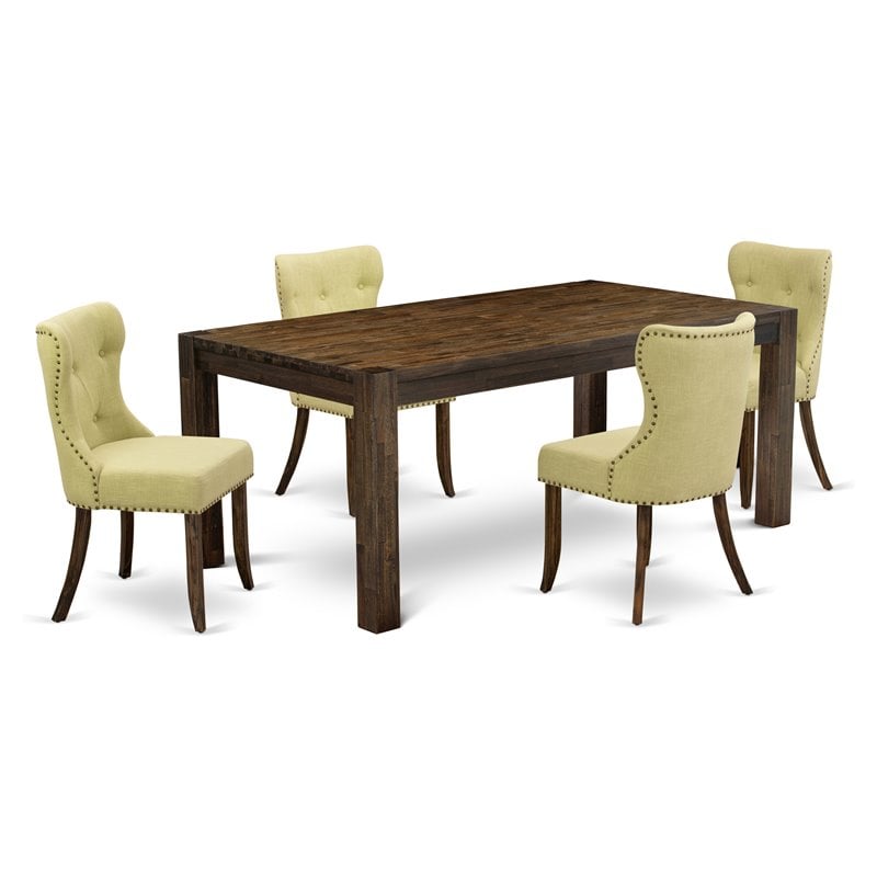 Pemberly Row 5-Piece Wood Dining Set in Jacobean Brown with Linen Chairs